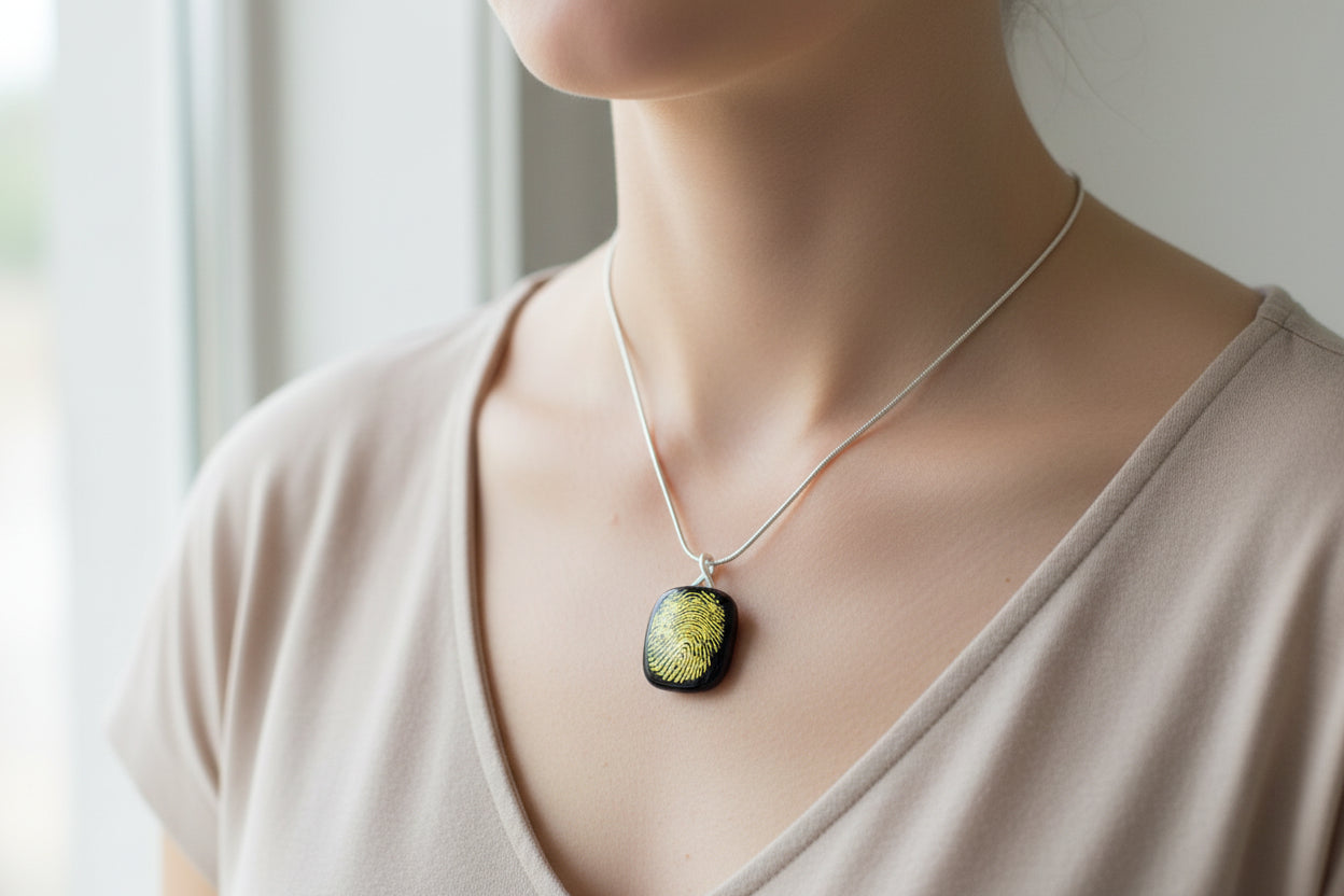 Glass pendant with golden fingerprint design being wore by young woman